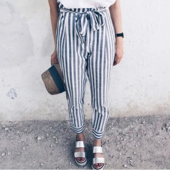 Tie Waist Belted Cigarette Trousers Striped Pants - Picture 4 of 8